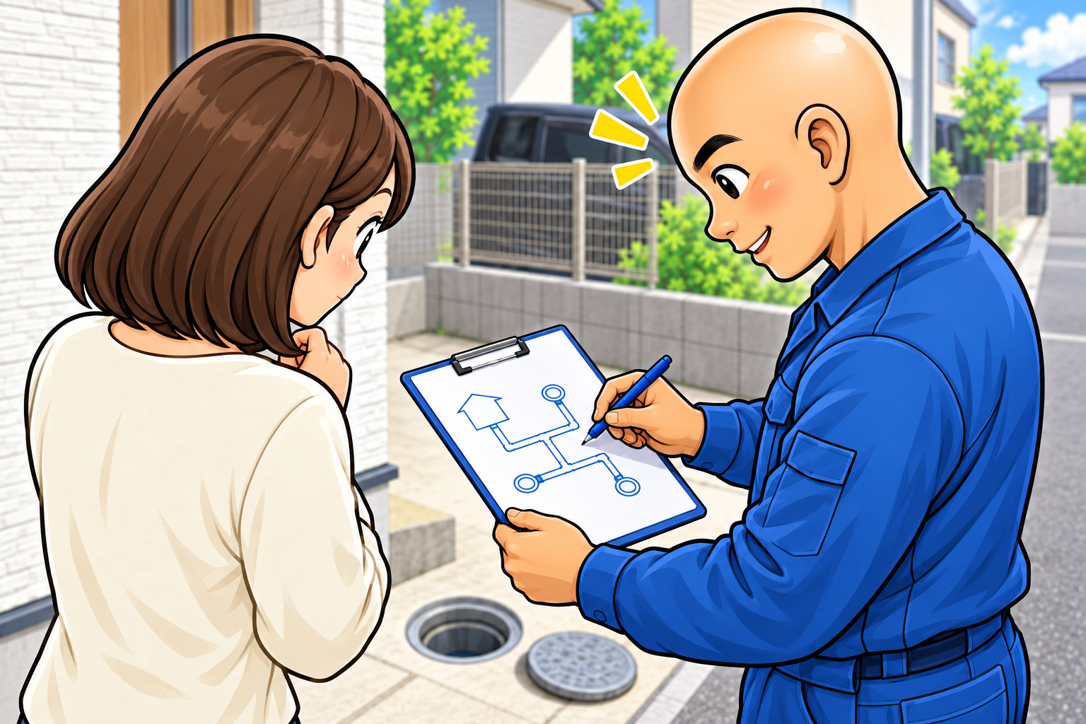屋外で用紙に配管のつながりを描きながら説明し、お客様が手元を見るAIイラスト