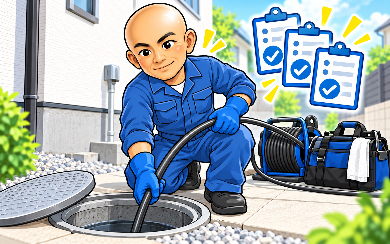 排水マスで作業する担当者と経験を表すチェック項目のAIイラスト