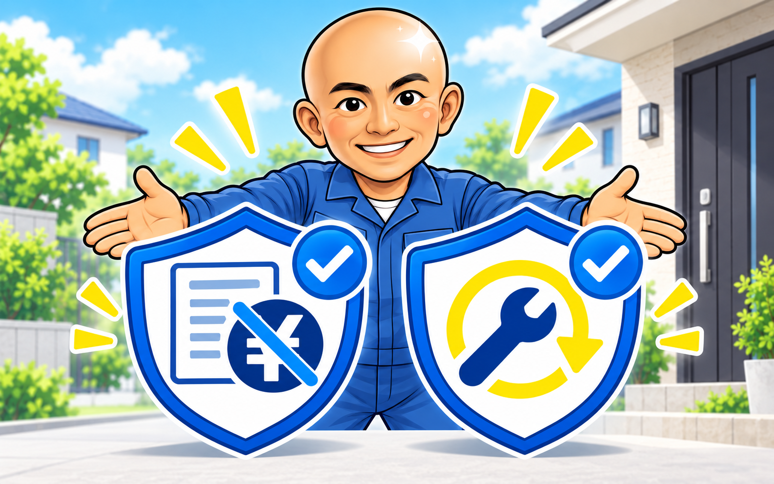未解消時の料金不要と再対応のお約束を表す2つの盾のAIイラスト