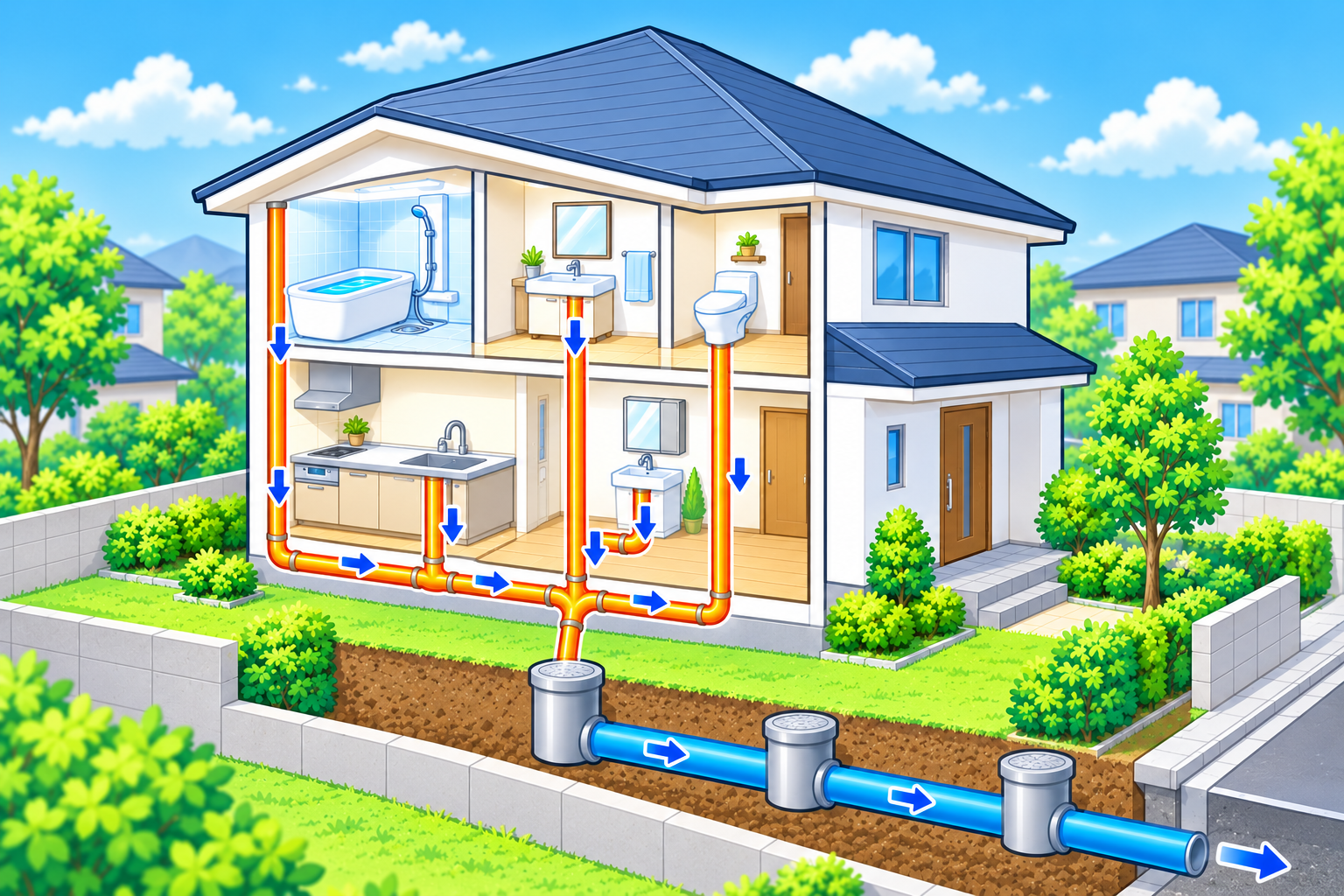 家の中の水まわりから屋外の排水マスと本管につながる様子を表したAIイラスト